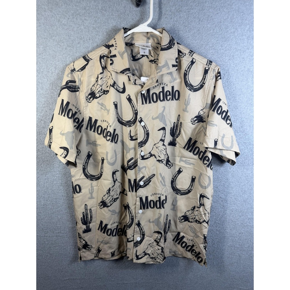 Modelo Shirt Mens Small Tan Western Horseshoe Skull Beer Graphic Button Up